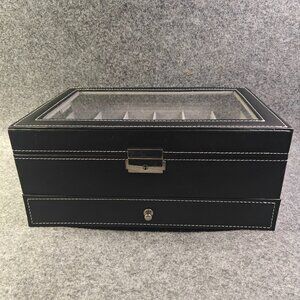 Watch Box 12 Slot Watch Display Organizer Blk Leather Jewelry Case Drawer Glass